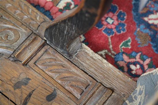 A 17th century oak Wainscot chair, W.2ft 2in. H.3ft 8in. incorporating later timbers